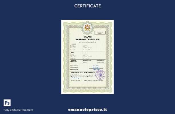 Certificato di matrimonio del Malawi in stile verificato Modello Word e PDF